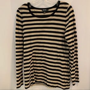 DKNY BLACK/TAN STRIPES TOP, SZ medium, long sleeves, 100% cotton